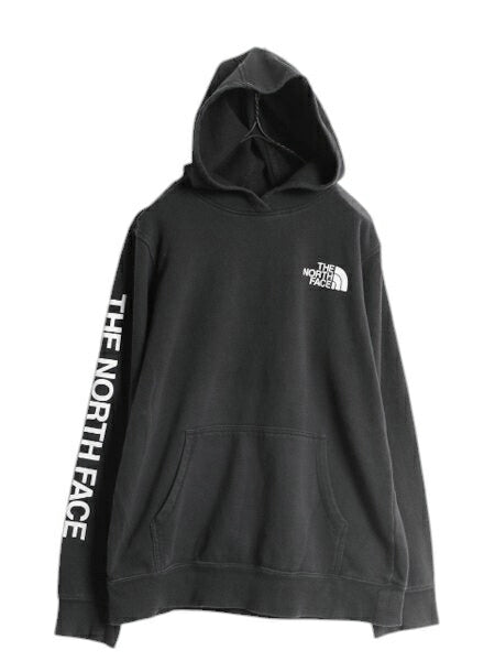 ノースフェイス プリント スウェット フード パーカー ボーイズ XL メンズ S レディース M 程/ The North Face トレーナー 袖プリント 黒