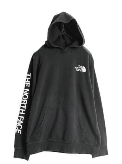ノースフェイス プリント スウェット フード パーカー ボーイズ XL メンズ S レディース M 程/ The North Face トレーナー 袖プリント 黒