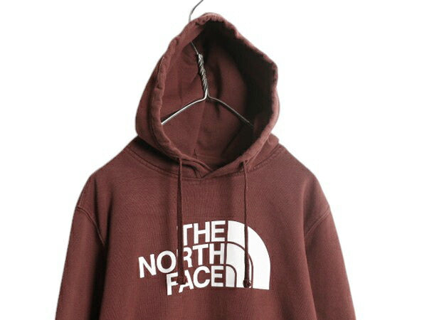 ノースフェイス プリント スウェット フード パーカー メンズ M 古着 The North Face アウトドア プルオーバー 裏起毛 トレーナー エンジ