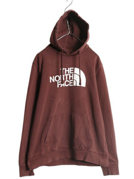 ノースフェイス プリント スウェット フード パーカー メンズ M 古着 The North Face アウトドア プルオーバー 裏起毛 トレーナー エンジ