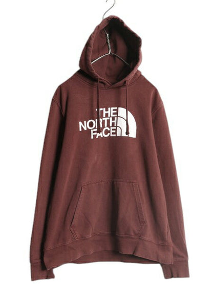ノースフェイス プリント スウェット フード パーカー メンズ M 古着 The North Face アウトドア プルオーバー 裏起毛 トレーナー エンジ