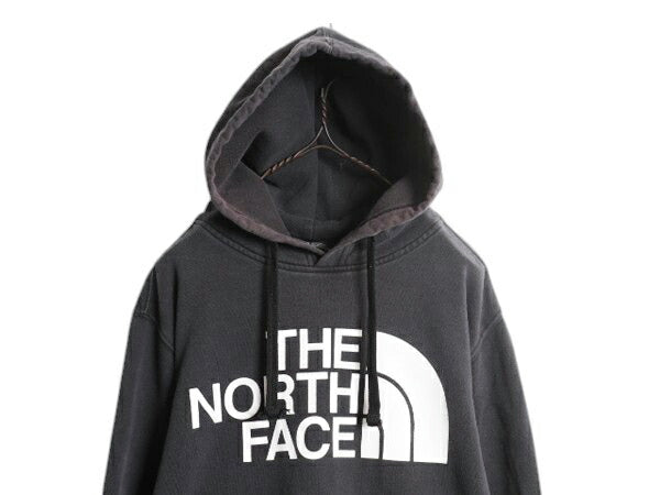 ノースフェイス プリント スウェット フード パーカー メンズ L 古着 The North Face プルオーバー 裏起毛 トレーナー アウトドア 薄手 黒