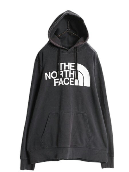 ノースフェイス プリント スウェット フード パーカー メンズ L 古着 The North Face プルオーバー 裏起毛 トレーナー アウトドア 薄手 黒