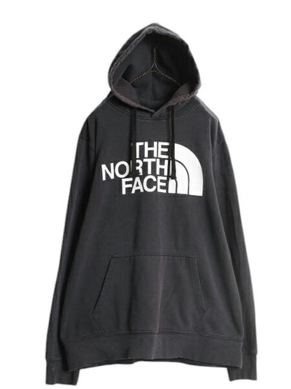ノースフェイス プリント スウェット フード パーカー メンズ L 古着 The North Face プルオーバー 裏起毛 トレーナー アウトドア 薄手 黒