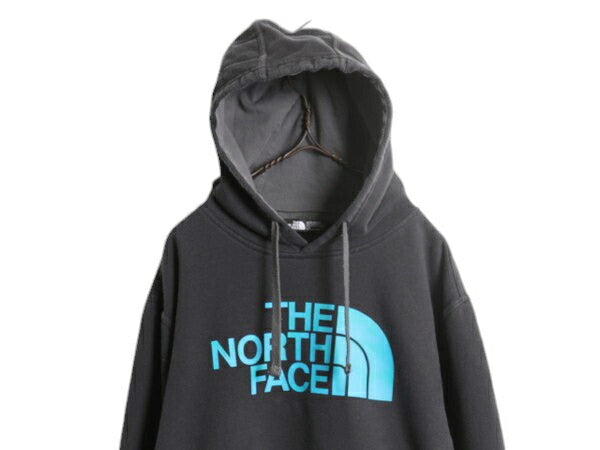ノースフェイス 迷彩 ロゴ プリント スウェット フード パーカー メンズ L 古着 The North Face プルオーバー 裏起毛 トレーナー 黒 迷彩柄