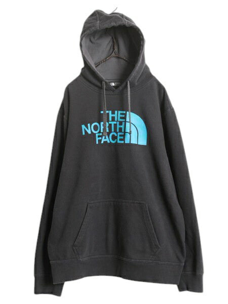 ノースフェイス 迷彩 ロゴ プリント スウェット フード パーカー メンズ L 古着 The North Face プルオーバー 裏起毛 トレーナー 黒 迷彩柄