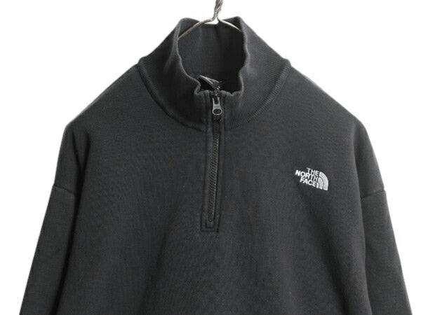 ノースフェイス ハーフジップ スウェット レディース M / The North Face ショート丈 トレーナー ハイネック 裏起毛 ワンポイント 黒 短丈