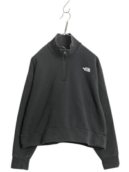 ノースフェイス ハーフジップ スウェット レディース M / The North Face ショート丈 トレーナー ハイネック 裏起毛 ワンポイント 黒 短丈