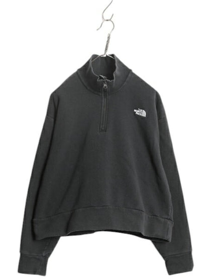 ノースフェイス ハーフジップ スウェット レディース M / The North Face ショート丈 トレーナー ハイネック 裏起毛 ワンポイント 黒 短丈