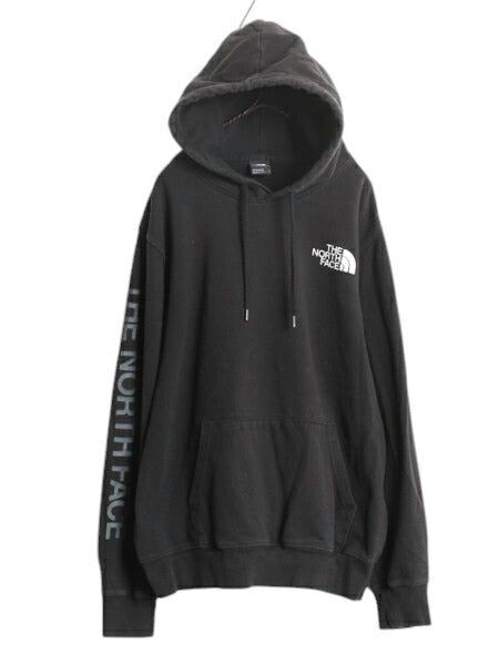 ノースフェイス プリント スウェット フード パーカー メンズ L The North Face トレーナー 袖プリント プルオーバー アウトドア ブラック