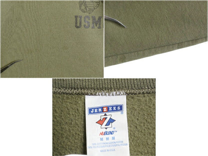 90s USA製 USMC プリント スウェット メンズ M オールド マリンコープ 海兵隊 トレーナー ミリタリー 裏起毛 軍物 ワンポイント カーキ OD