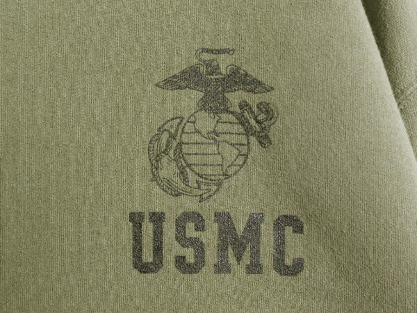 90s USA製 USMC プリント スウェット メンズ M オールド マリンコープ 海兵隊 トレーナー ミリタリー 裏起毛 軍物 ワンポイント カーキ OD