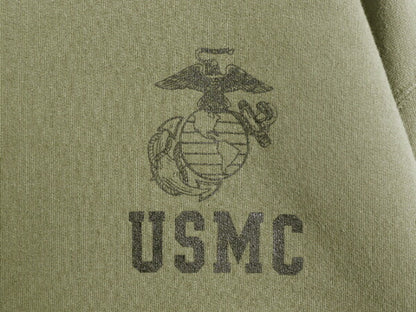 90s USA製 USMC プリント スウェット メンズ M オールド マリンコープ 海兵隊 トレーナー ミリタリー 裏起毛 軍物 ワンポイント カーキ OD