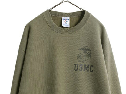 90s USA製 USMC プリント スウェット メンズ M オールド マリンコープ 海兵隊 トレーナー ミリタリー 裏起毛 軍物 ワンポイント カーキ OD