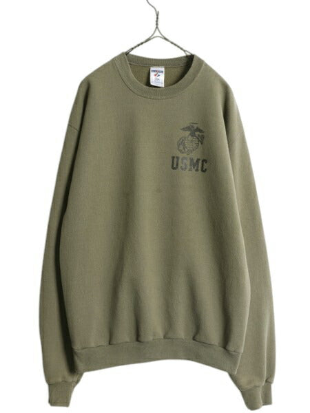 90s USA製 USMC プリント スウェット メンズ M オールド マリンコープ 海兵隊 トレーナー ミリタリー 裏起毛 軍物 ワンポイント カーキ OD