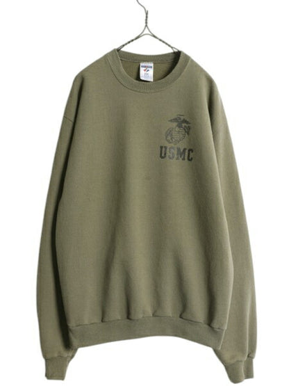90s USA製 USMC プリント スウェット メンズ M オールド マリンコープ 海兵隊 トレーナー ミリタリー 裏起毛 軍物 ワンポイント カーキ OD