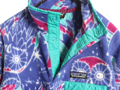 パタゴニア フクロウ 総柄 ライトウェイト シンチラ スナップT レディース S / 古着 16年製 PATAGONIA フリース プルオーバー ジャケット