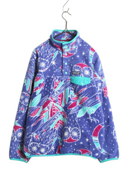 パタゴニア フクロウ 総柄 ライトウェイト シンチラ スナップT レディース S / 古着 16年製 PATAGONIA フリース プルオーバー ジャケット
