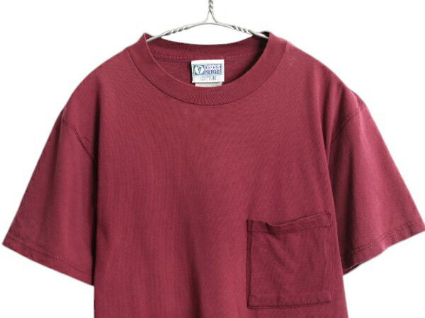 デッドストック 90s USA製 ディスカス ポケット付き 無地 半袖 Tシャツ メンズ M オールド ヘビーウェイト カットソー ポケT バーガンディ