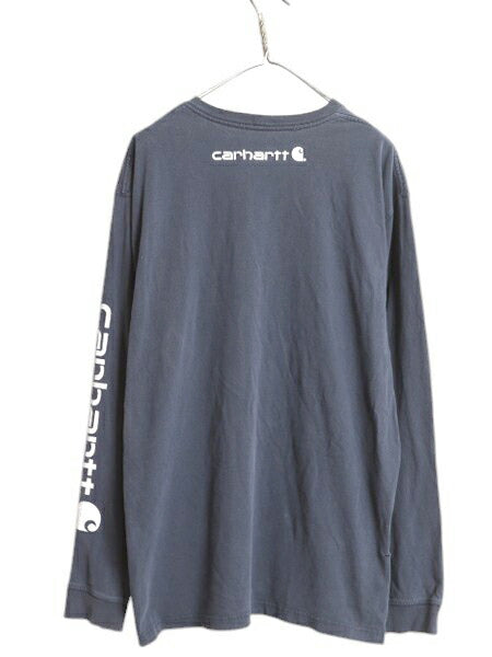 好雰囲気 カーハート プリント 長袖 Tシャツ メンズ L 古着 ロンT 袖プリント ヘビーウェイト カットソー ロングスリーブ ワーク ネイビー