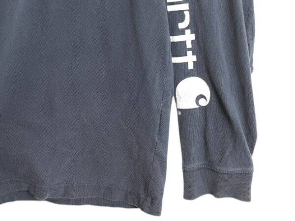 好雰囲気 カーハート プリント 長袖 Tシャツ メンズ L 古着 ロンT 袖プリント ヘビーウェイト カットソー ロングスリーブ ワーク ネイビー