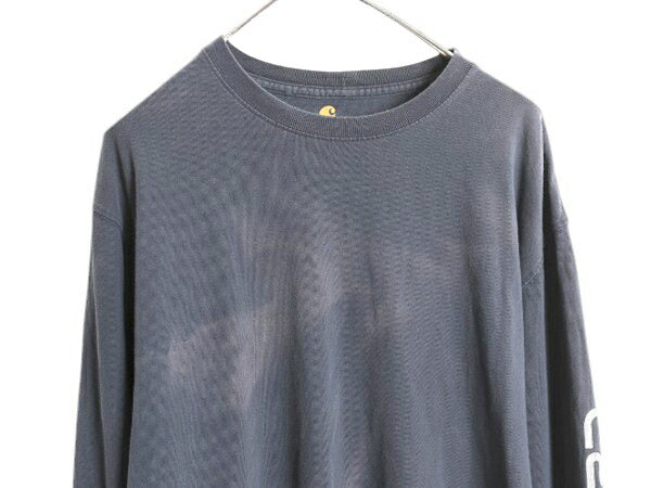 好雰囲気 カーハート プリント 長袖 Tシャツ メンズ L 古着 ロンT 袖プリント ヘビーウェイト カットソー ロングスリーブ ワーク ネイビー