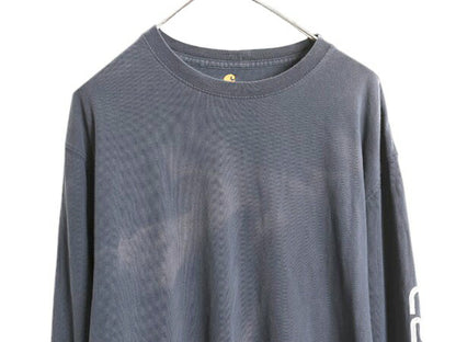 好雰囲気 カーハート プリント 長袖 Tシャツ メンズ L 古着 ロンT 袖プリント ヘビーウェイト カットソー ロングスリーブ ワーク ネイビー