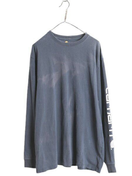 好雰囲気 カーハート プリント 長袖 Tシャツ メンズ L 古着 ロンT 袖プリント ヘビーウェイト カットソー ロングスリーブ ワーク ネイビー