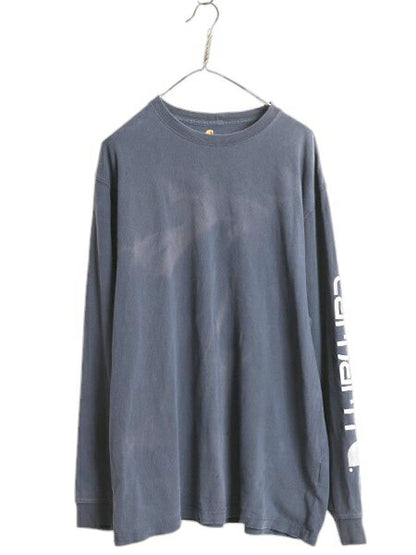 好雰囲気 カーハート プリント 長袖 Tシャツ メンズ L 古着 ロンT 袖プリント ヘビーウェイト カットソー ロングスリーブ ワーク ネイビー