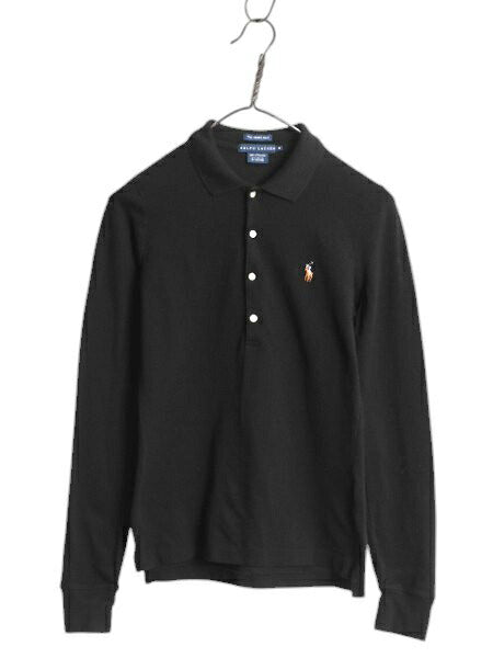 ラルフローレン 鹿の子 長袖 ポロシャツ レディース M / ポロ 長袖シャツ ストレッチ コットン カットソー ワンポイント 黒 細身 きれいめ