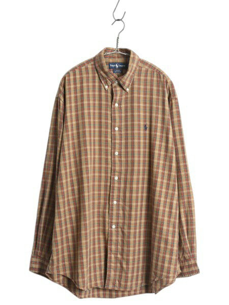 90s ラルフローレン 織柄 チェック 長袖 ボタンダウン シャツ メンズ L 古着 オールド ポロ コットン ワンポイント マルチカラー ゆったり