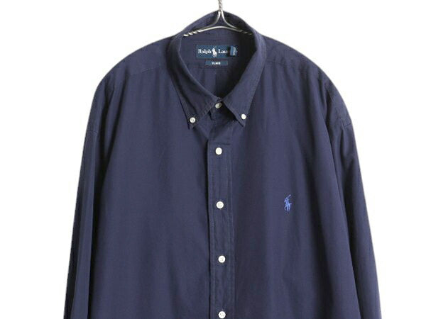 90s ラルフローレン 長袖 ボタンダウン シャツ メンズ XL / オールド ポロ 長袖シャツ コットン ワンポイント 大きいサイズ ワイシャツ 紺