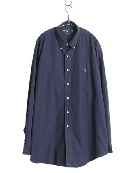 90s ラルフローレン 長袖 ボタンダウン シャツ メンズ XL / オールド ポロ 長袖シャツ コットン ワンポイント 大きいサイズ ワイシャツ 紺
