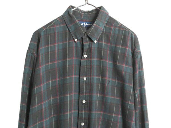 90s ラルフローレン チェック 長袖 ボタンダウン シャツ メンズ XL / オールド ポロ 長袖シャツ コットン マルチカラー 大きいサイズ 薄手