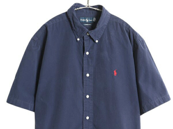 90s ラルフローレン 半袖 ボタンダウン シャツ メンズ XL / オールド ポロ 半袖シャツ コットン ワンポイント 大きいサイズ カジュアル BD