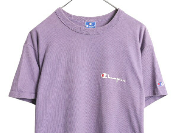 80s USA製 チャンピオン 半袖 Tシャツ メンズ L 古着 ヴィンテージ 100% コットン ヘビーウェイト ワンポイント スクリプト ロゴ パープル