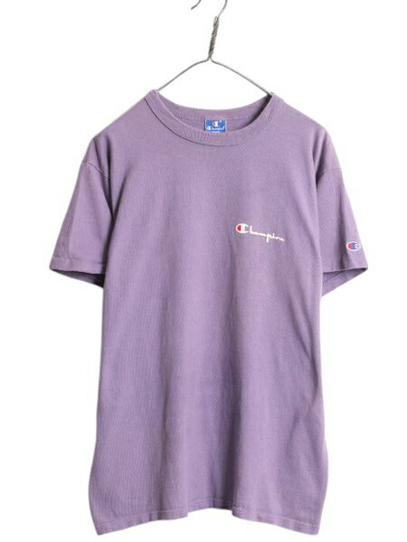 80s USA製 チャンピオン 半袖 Tシャツ メンズ L 古着 ヴィンテージ 100% コットン ヘビーウェイト ワンポイント スクリプト ロゴ パープル