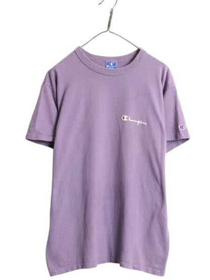80s USA製 チャンピオン 半袖 Tシャツ メンズ L 古着 ヴィンテージ 100% コットン ヘビーウェイト ワンポイント スクリプト ロゴ パープル
