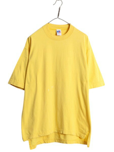90s USA製 ラッセル 無地 半袖 Tシャツ メンズ レディース L / オールド コットン ヘビーウェイト カットソー ブランク シンプル イエロー