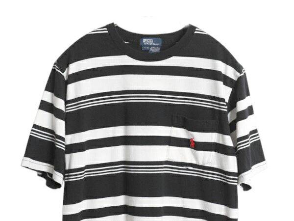 90s ポロ ラルフローレン ボーダー ポケット付き 半袖 Tシャツ メンズ XS レディース S 古着 カットソー ワンポイン ポケT ツートン 黒 白
