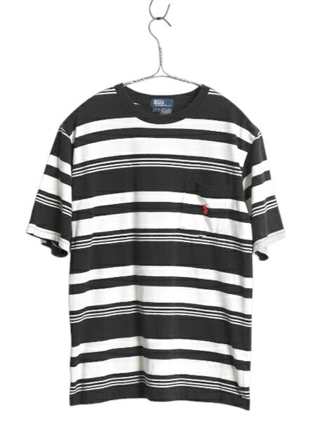 90s ポロ ラルフローレン ボーダー ポケット付き 半袖 Tシャツ メンズ XS レディース S 古着 カットソー ワンポイン ポケT ツートン 黒 白