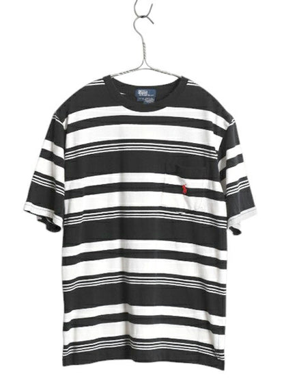 90s ポロ ラルフローレン ボーダー ポケット付き 半袖 Tシャツ メンズ XS レディース S 古着 カットソー ワンポイン ポケT ツートン 黒 白