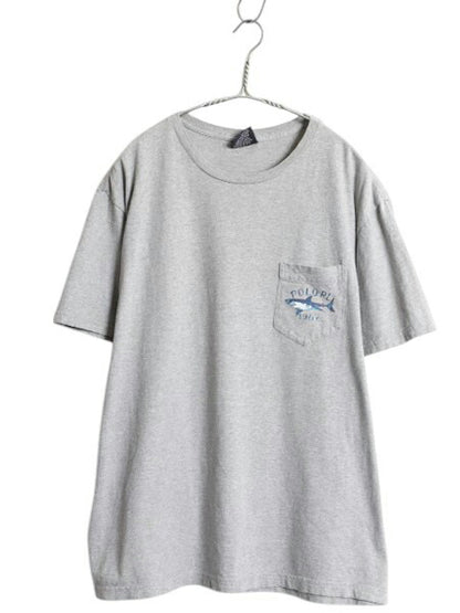 90s ポロスポーツ ラルフローレン ポケット付き 両面 プリント 半袖 Tシャツ メンズ M オールド ポケT アート イラスト サメ カットソー 灰