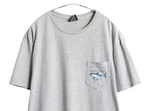 90s ポロスポーツ ラルフローレン ポケット付き 両面 プリント 半袖 Tシャツ メンズ M オールド ポケT アート イラスト サメ カットソー 灰