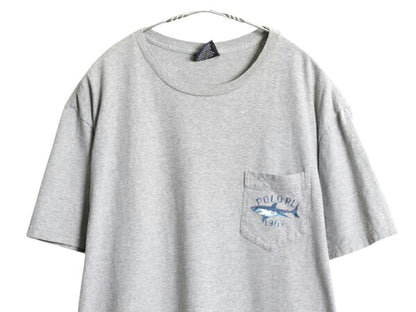 90s ポロスポーツ ラルフローレン ポケット付き 両面 プリント 半袖 Tシャツ メンズ M オールド ポケT アート イラスト サメ カットソー 灰