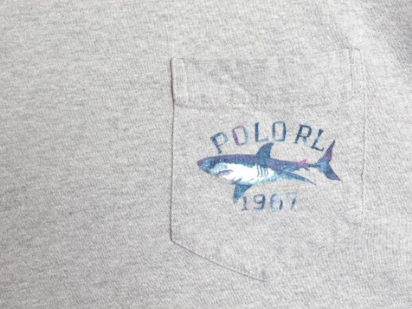 90s ポロスポーツ ラルフローレン ポケット付き 両面 プリント 半袖 Tシャツ メンズ M オールド ポケT アート イラスト サメ カットソー 灰