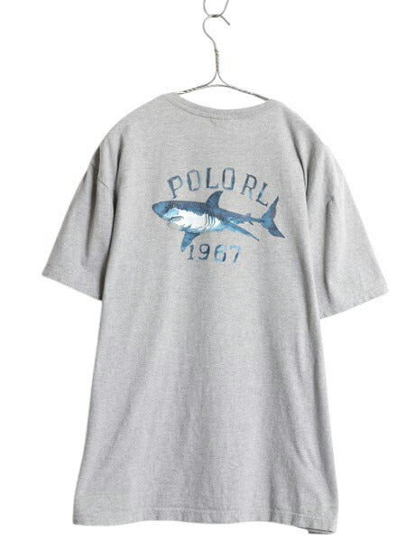 90s ポロスポーツ ラルフローレン ポケット付き 両面 プリント 半袖 Tシャツ メンズ M オールド ポケT アート イラスト サメ カットソー 灰