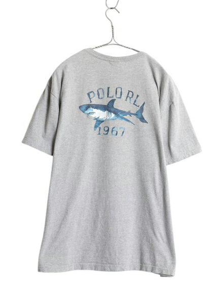 90s ポロスポーツ ラルフローレン ポケット付き 両面 プリント 半袖 Tシャツ メンズ M オールド ポケT アート イラスト サメ カットソー 灰