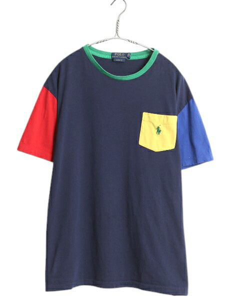 ポロ ラルフローレン ポケット付き 半袖 Tシャツ メンズ L / 古着 クレイジー パターン ポケT ワンポイント シングルステッチ マルチカラー