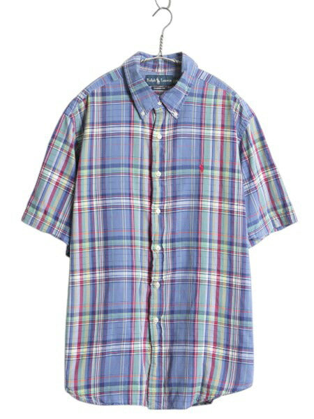 00s ラルフローレン チェック 半袖 ボタンダウン シャツ メンズ XL ポロ BD 半袖シャツ 薄手 コットン きれいめ マルチカラー 大きいサイズ